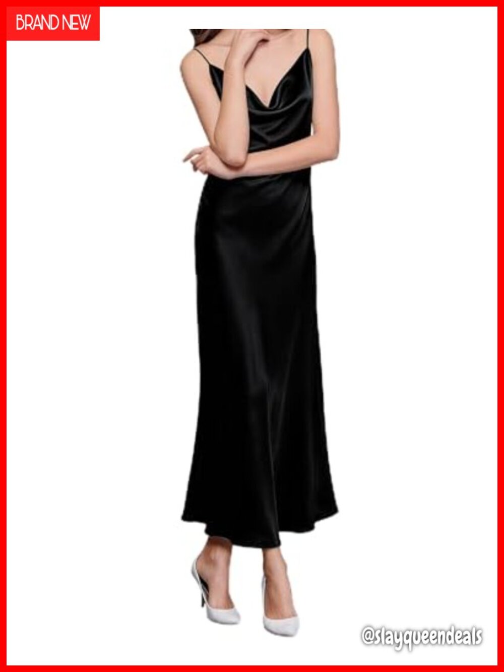 Womens Satin Ruched Midi Slip Dress Spaghetti Strap Cocktail Party